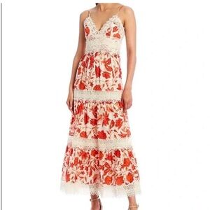 NWT Antonio Melani Floral and Lace Maxi Dress, Red/Orange/Cream - Size 8